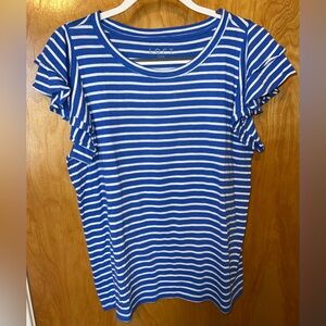 LOFT royal blue and white striped knit top with ruffled sleeves Size Large
